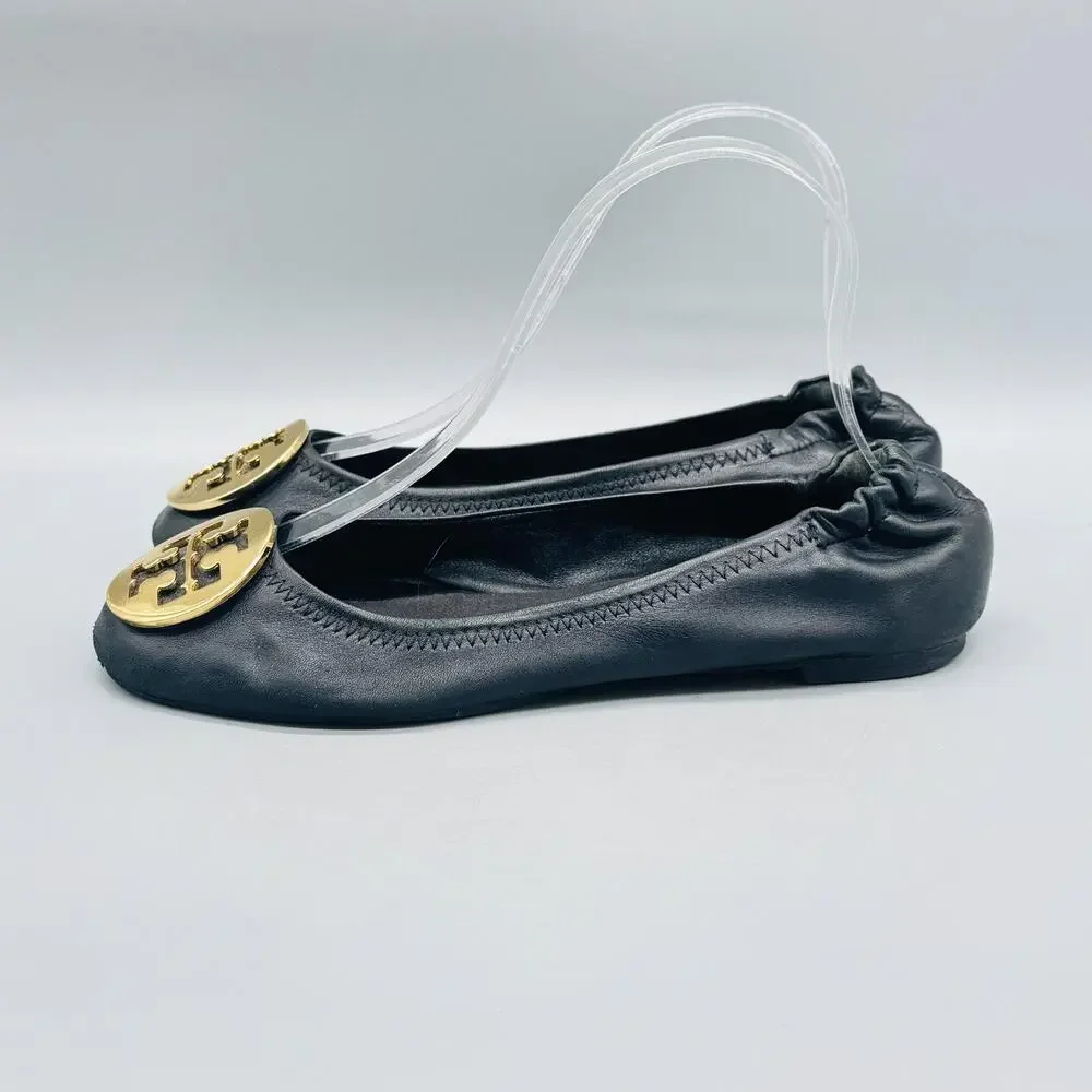 Tory Burch Shoes Womens 6 Black Leather Reva Ballet Flats Gold Logo Slip On